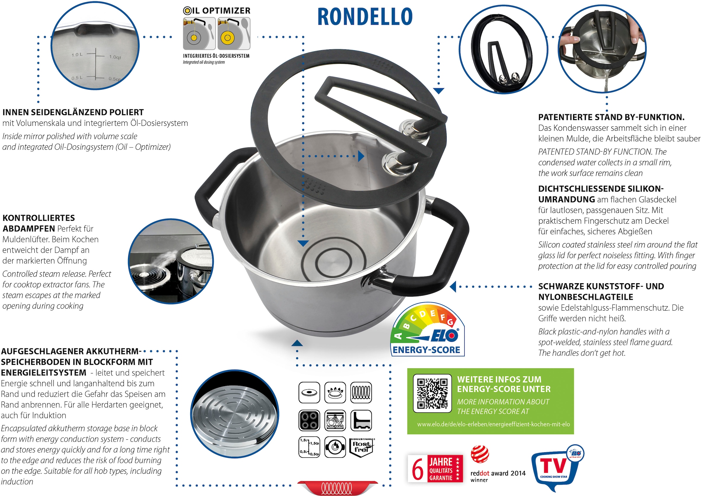 Elo Premium Topf-Set »Rondello« Set, je 1 Fleischtopf Ø 16/20/24 cm, 1x Stieltopf Ø 16 cm, 7 Stk. tlg. Edelstahl 18/10 | Edelstahl 18/8