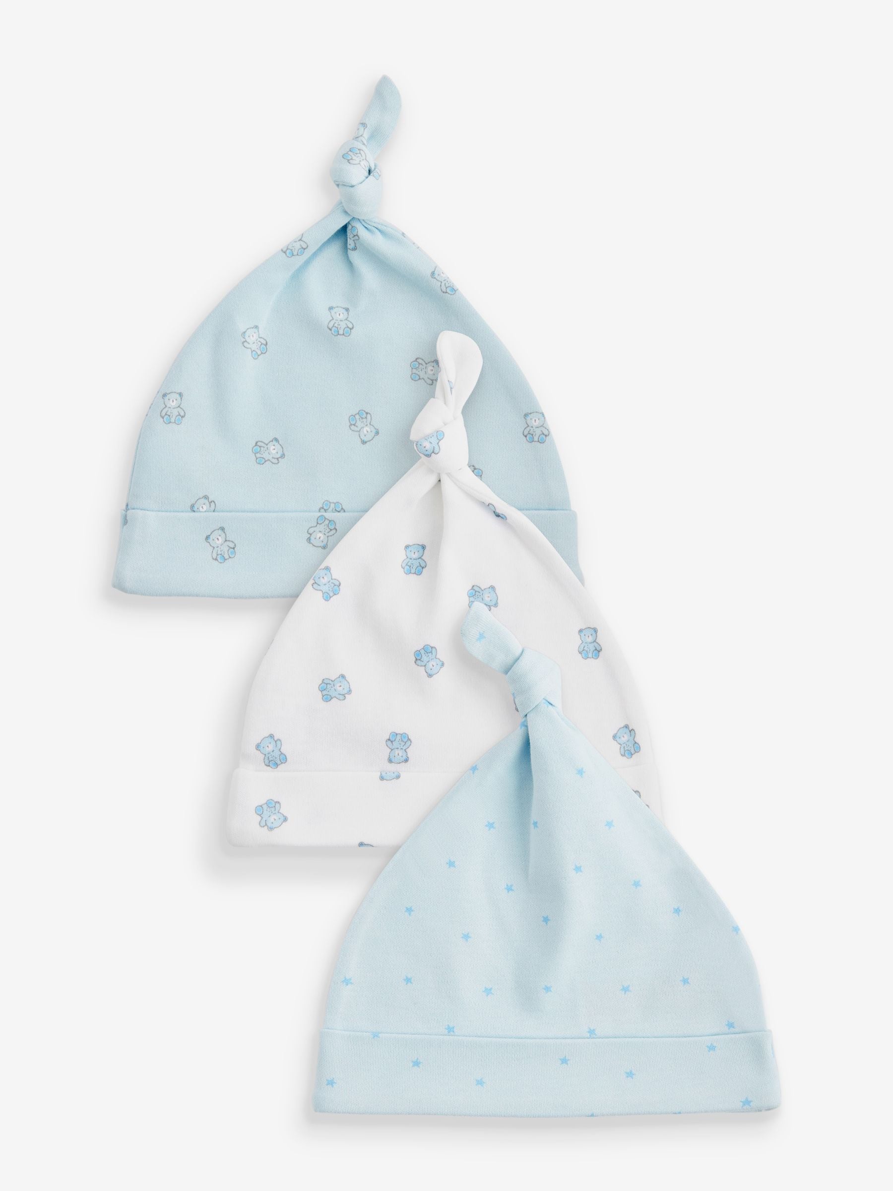 Blauw/wit met berenprint - Verpakking van 3 Baby Hoeden met Stropdas bovenkant van 100% katoen (0-12mnd)