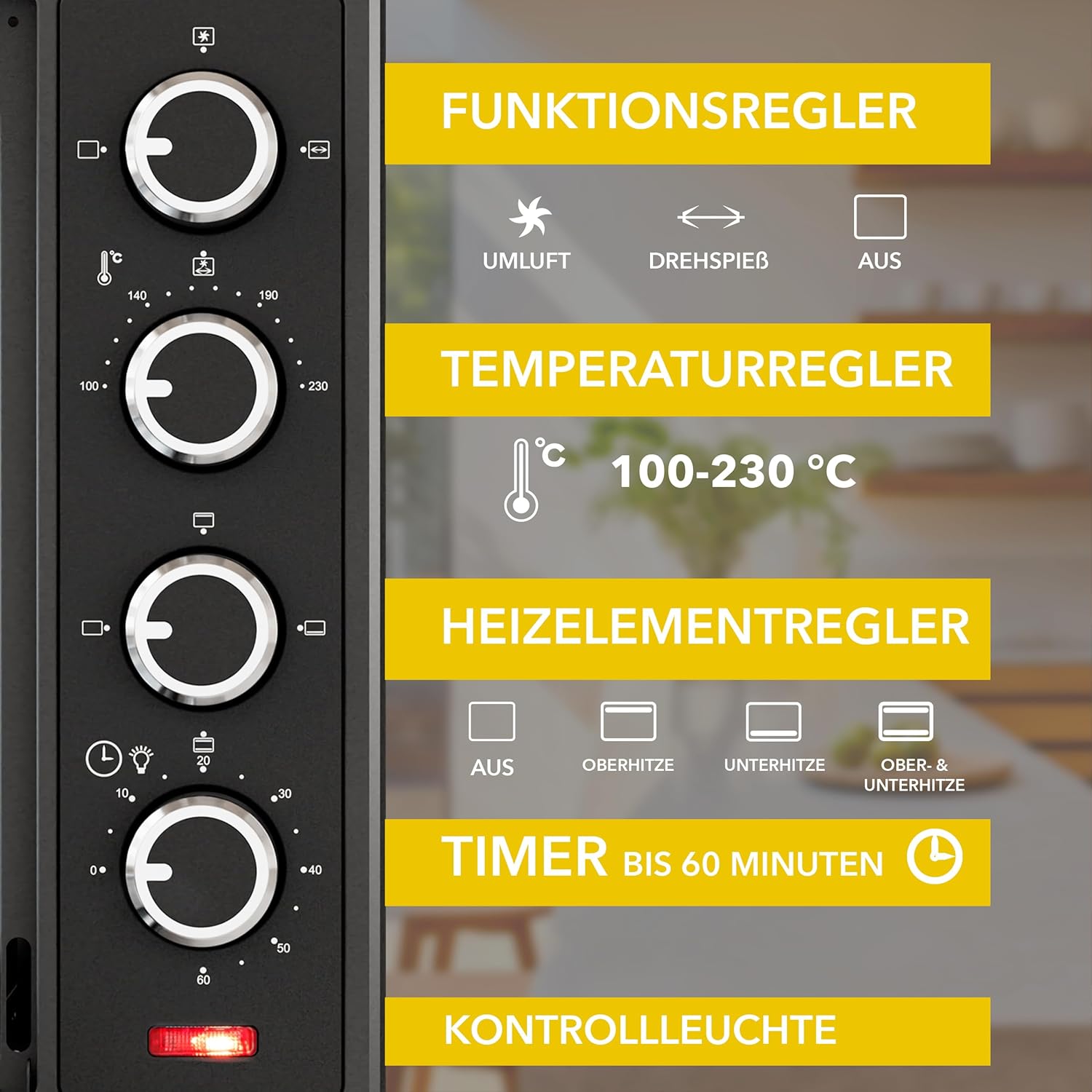 Heinrich´s Minibackofen mit Umluft 30L - Backofen klein mit Drehspieß, Airfryer-Einsatz inkl. Timer, Innenraumbeleuchtung, 100-230 °C, mit großem Sichtfenster, inkl. Zubehör, schwarz, 1600W