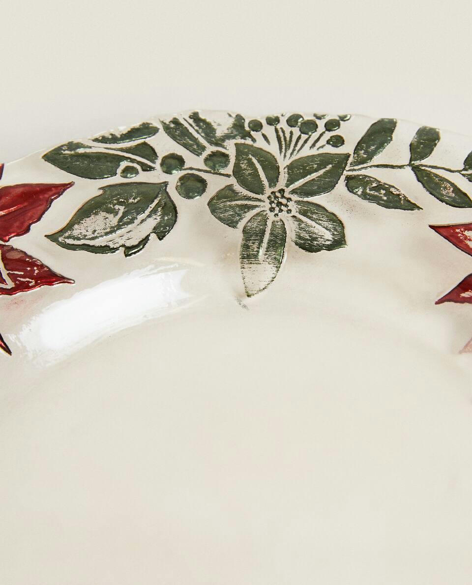 PRATO DE SOBREMESA DE VIDRO COM ESTAMPA DE POINSETTIA