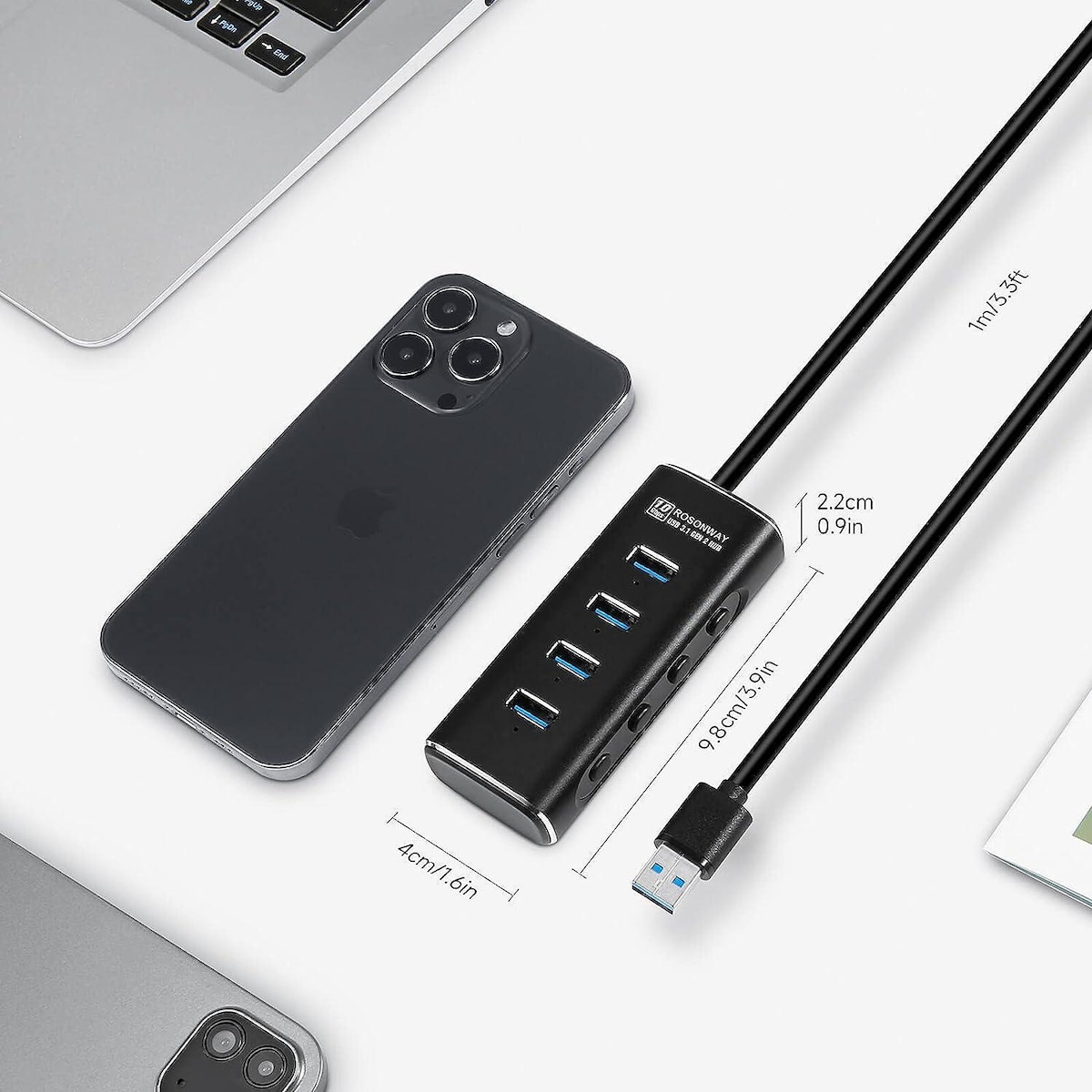 NÖRDIC Gen2 3.2 USB-A 4-ports drevet Hub 10 Gbps 1m kabel individuell bryter