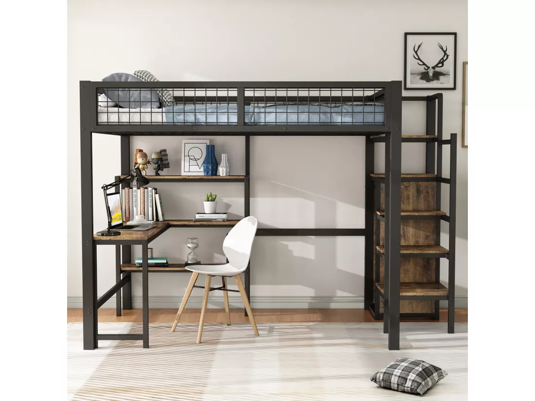Lit mezzanine 140 x 200 cm avec bureau, étagères et armoire - Métal + MDF - Sommier à lattes - noir + marron