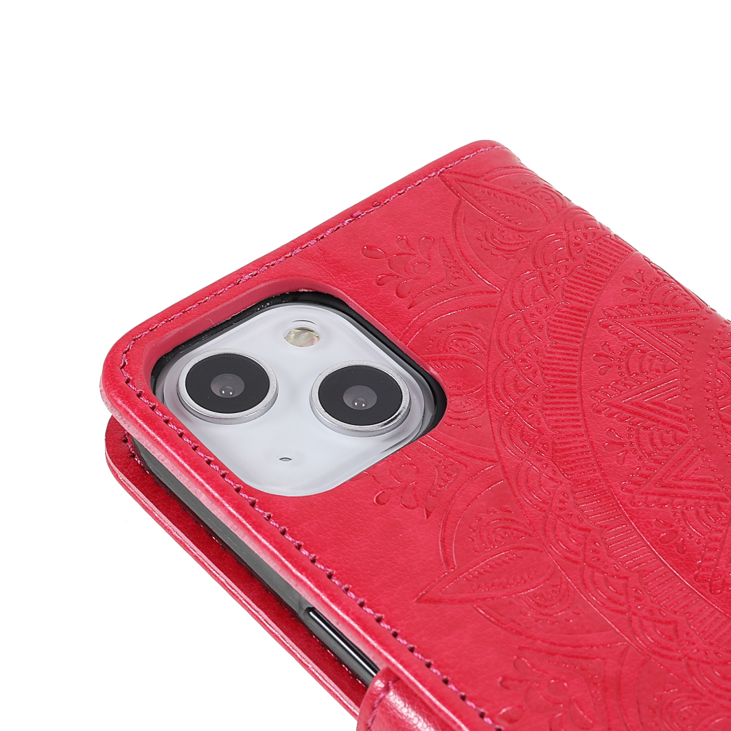 iPhone 13 Leder Tasche Wallet - Mandala Flowers Imprint - Rot / Pink