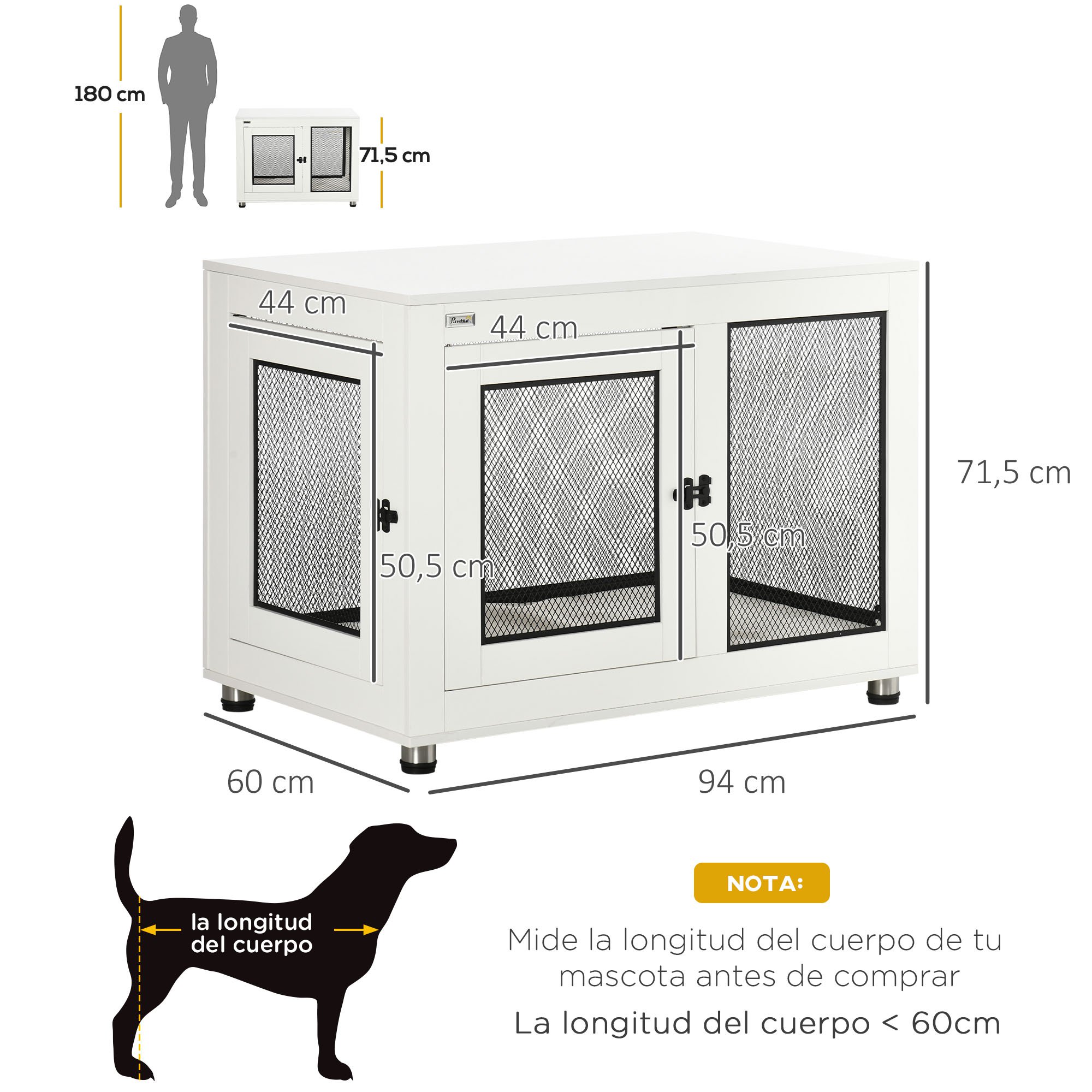 Mesa de centro PawHut em madeira, com formato de gaiola para cães, dimensões de 94x60x71,5 cm, estilo móvel, com 2 portas com fecho, almofada em tecido Oxford e grades de aço, na cor branca.