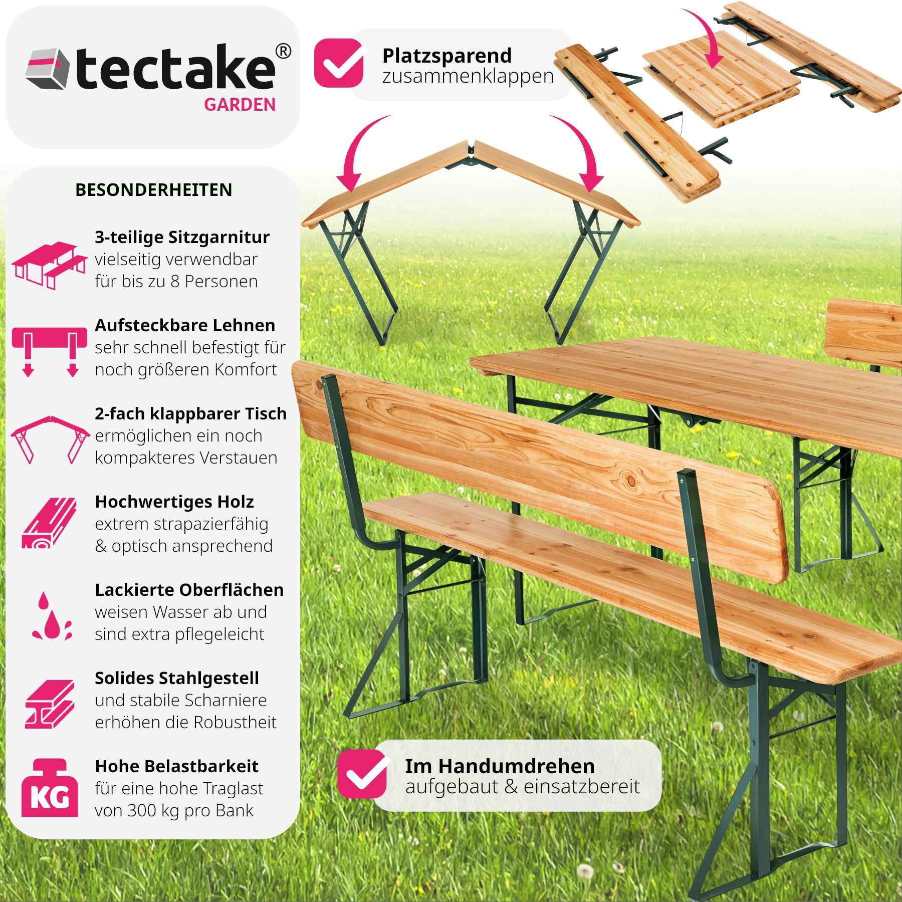 tectake® Bierzeltgarnitur, 3-teilig, belastbar, Holzlackierung mit Klarlack