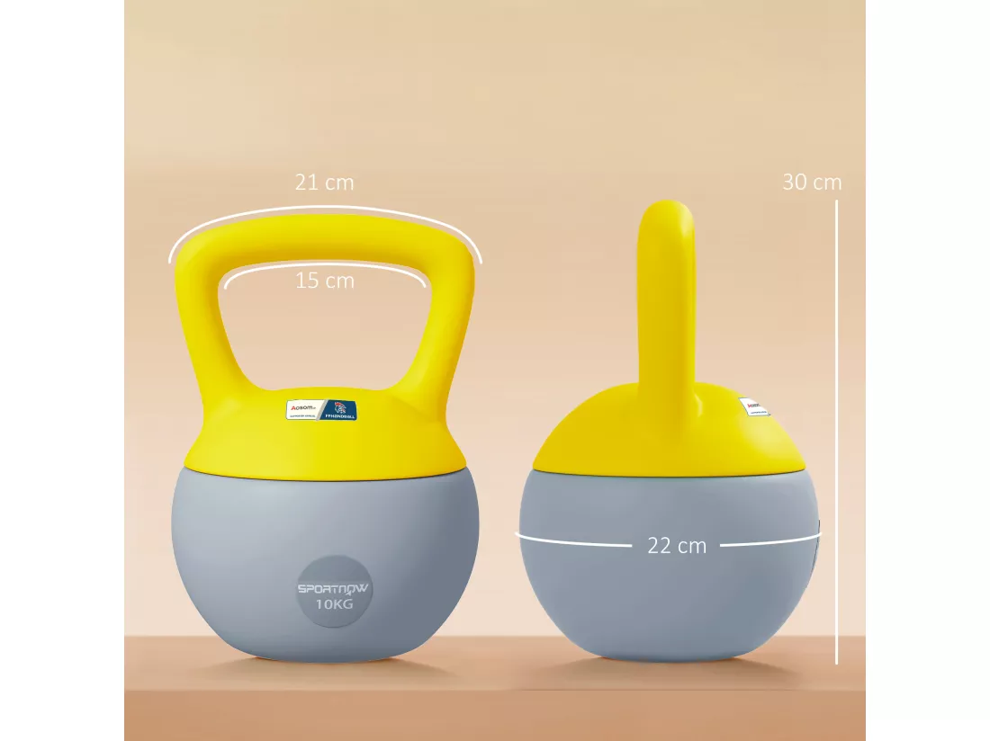 Kettlebell 10 Kg collaboration Aosom.fr x FFHandball - prise ergonomique - PVC gris jaune