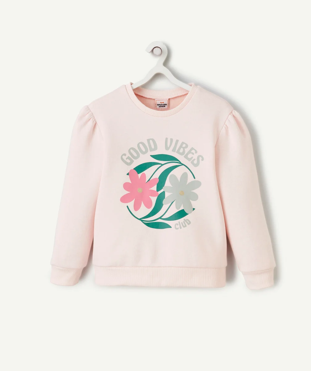 SWEAT MANCHES LONGUES FILLE EN FIBRES RECYCLÉES ROSE AVEC MOTIF FLEUR
