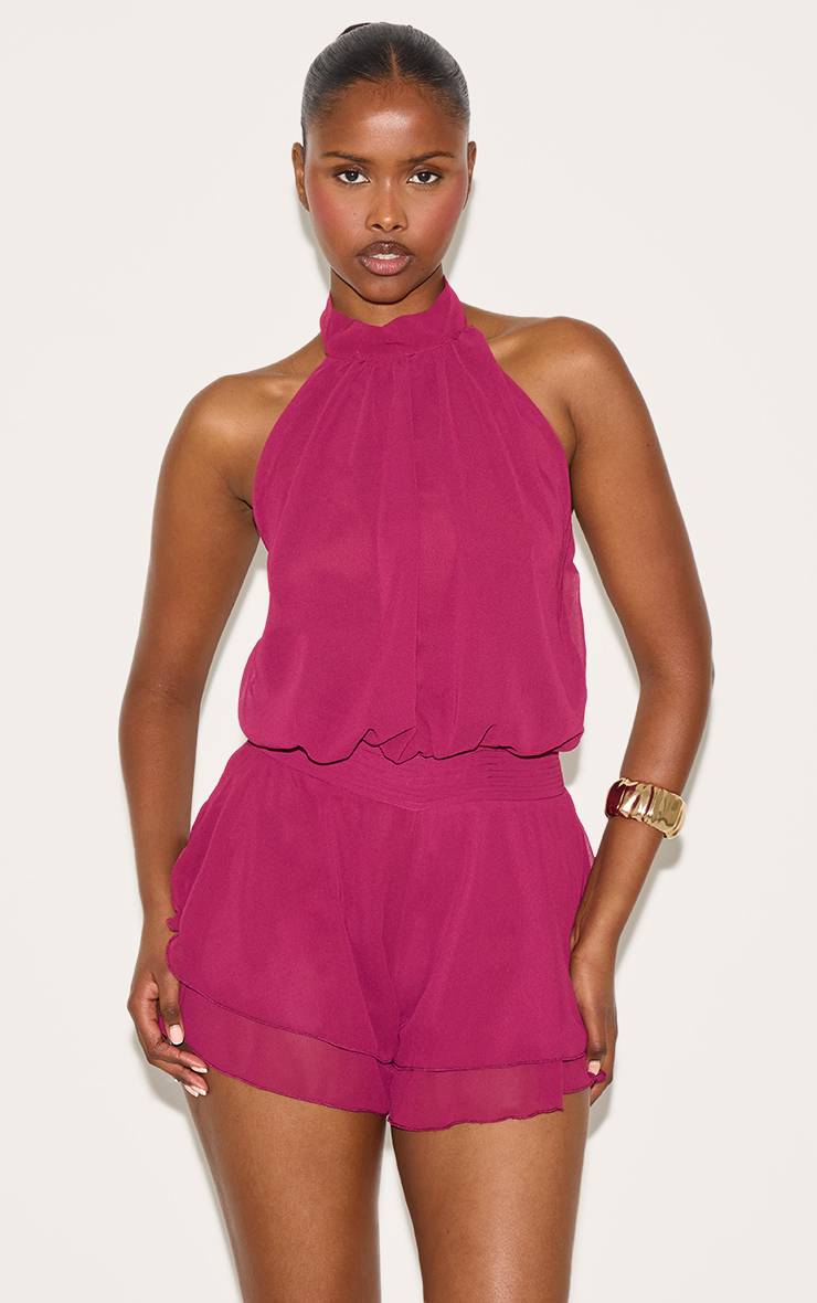 Dark Plum Combinaison-short En Mousseline Prune Foncé Col Montant Taille Basse