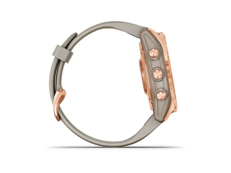 [OUTLET] - Garmin fenix 7S Solar - 42 mm - roseguld - sportsur med bånd - silikone - lyst sand - håndledsstørrelse: 108-182 mm - display 1.2