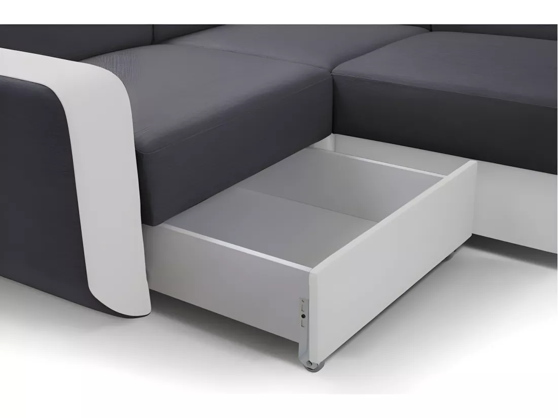 Canapé panoramique convertible EMPERO U blanc et gris en tissu et simili