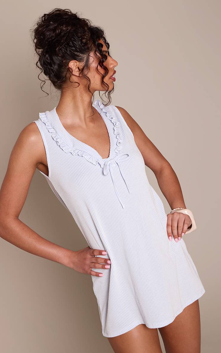 Bleu Layette Robe Mini Droite À Rayures Texturées Avec Nœud Et Volants