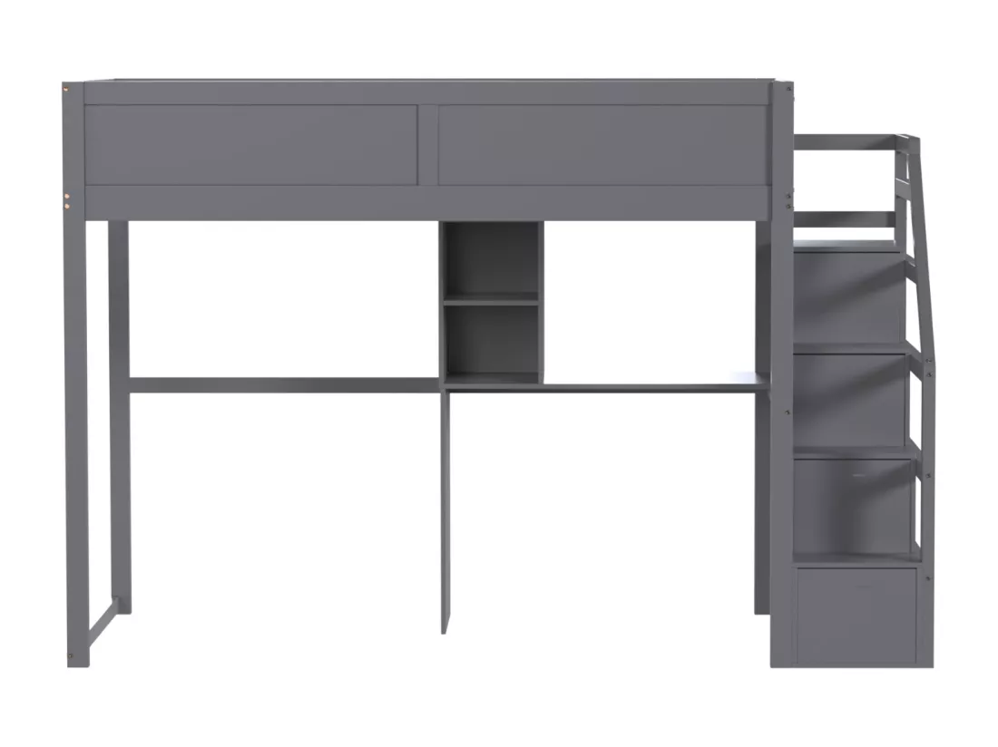 Lits superposés 2 x 90 x 200 cm avec bureau, 4 tiroirs et étagères - bois de pin + MDF - gris (sans matelas)