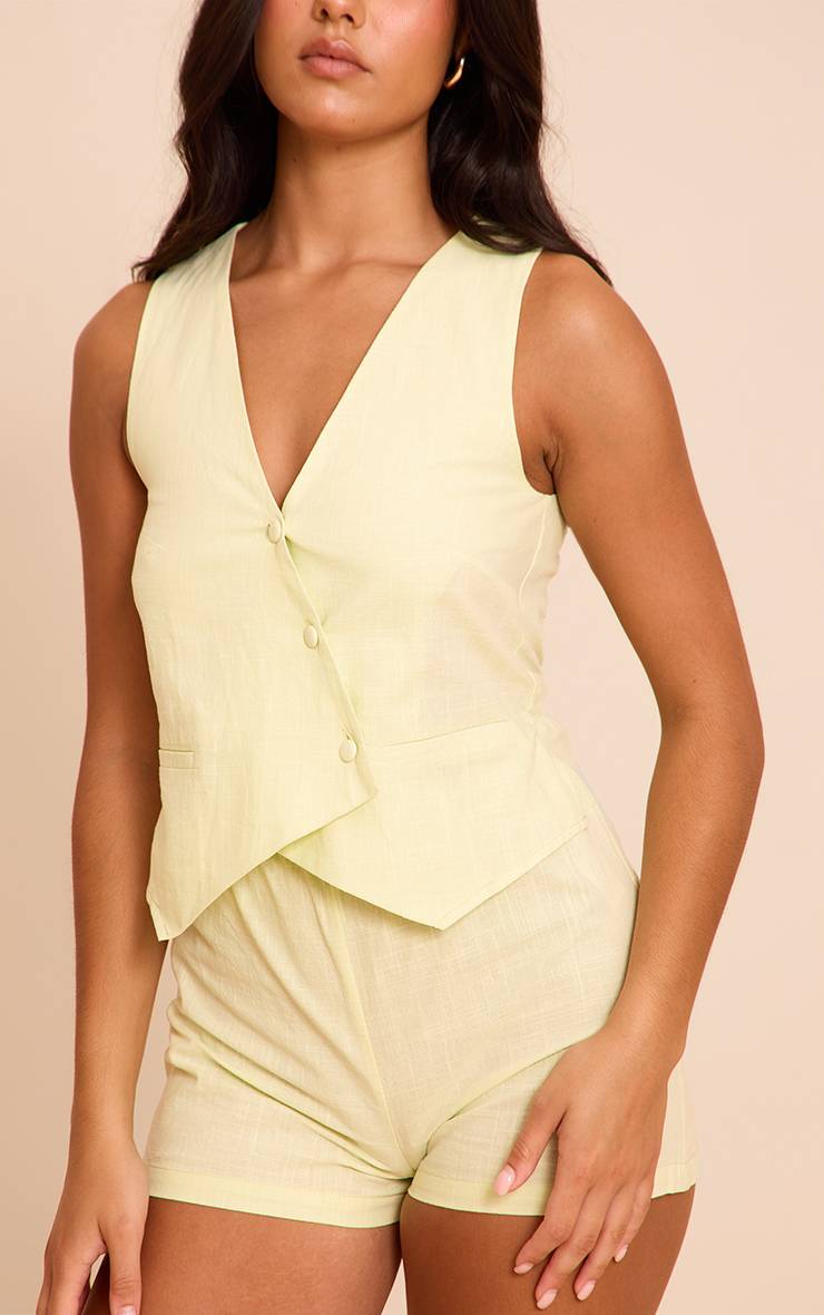 Pale Lime Combi-short Gilet Asymétrique Ajusté Aspect Lin