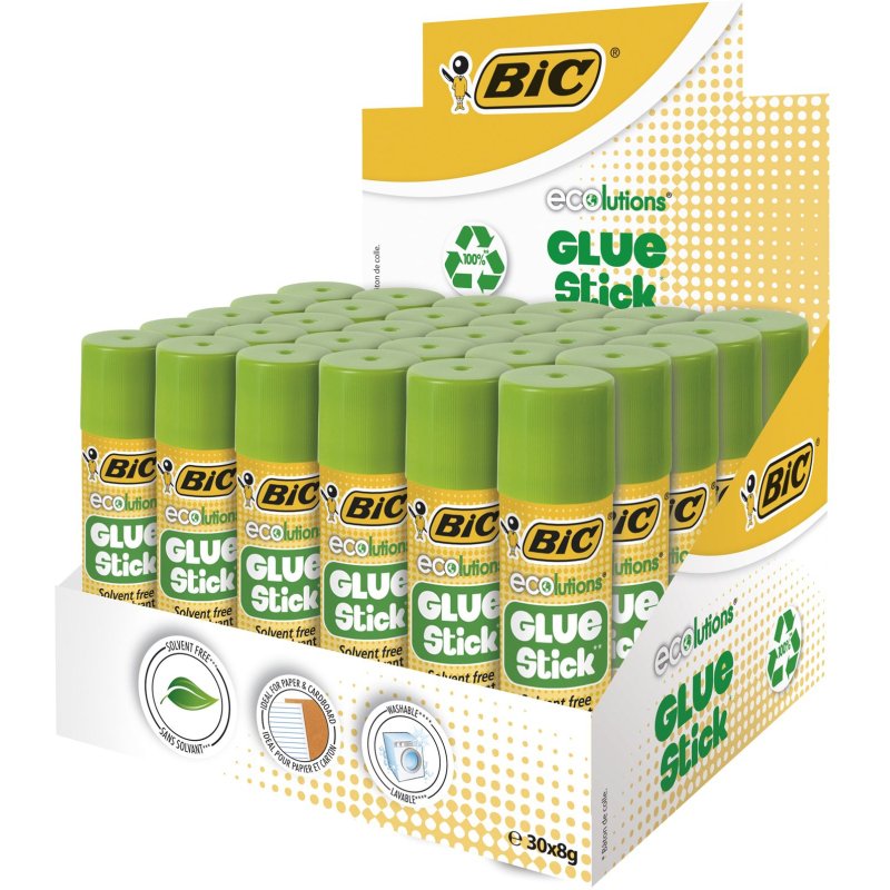 Colle bic  ecolutions  glue stick - lavable - colle le    papier et le carton -tube de  8 gr boite de 30