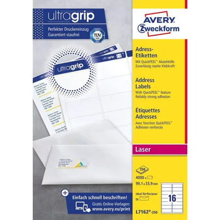 Avery Zweckform L7162-40 Adress-Etiketten,A4 mit ultragrip,99,1 x 33,9 mm, 40 Bogen/640 Etiketten, weiß