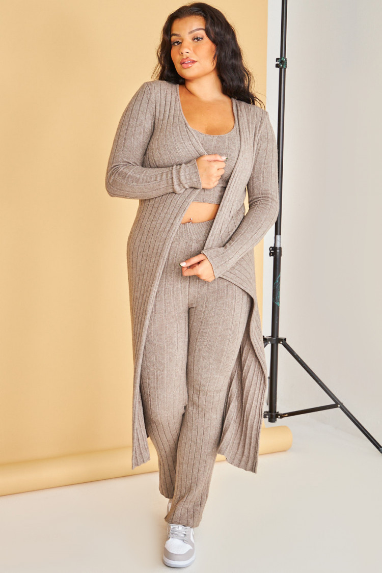 Ensemble 3 pièces gilet + top + pantalon taupe côtelé