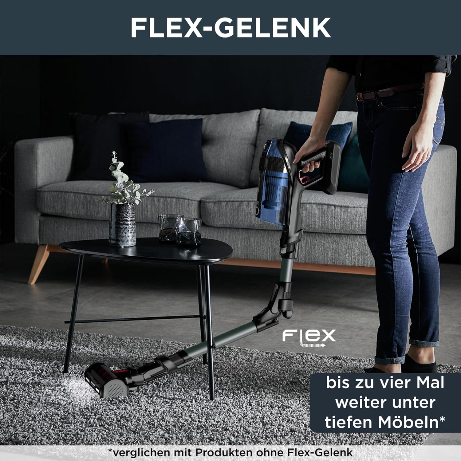 Rowenta X-Force Flex 12.60 Aqua kabelloser Akku-Stabstaubsauger, 150 Air Watt, bis zu 45 Min. Laufzeit, 2-in-1 Reinigung, inkl. Aqua Düse, Flex-Gelenk, LED-Düse, Blau-Schwarz, RH98C8
