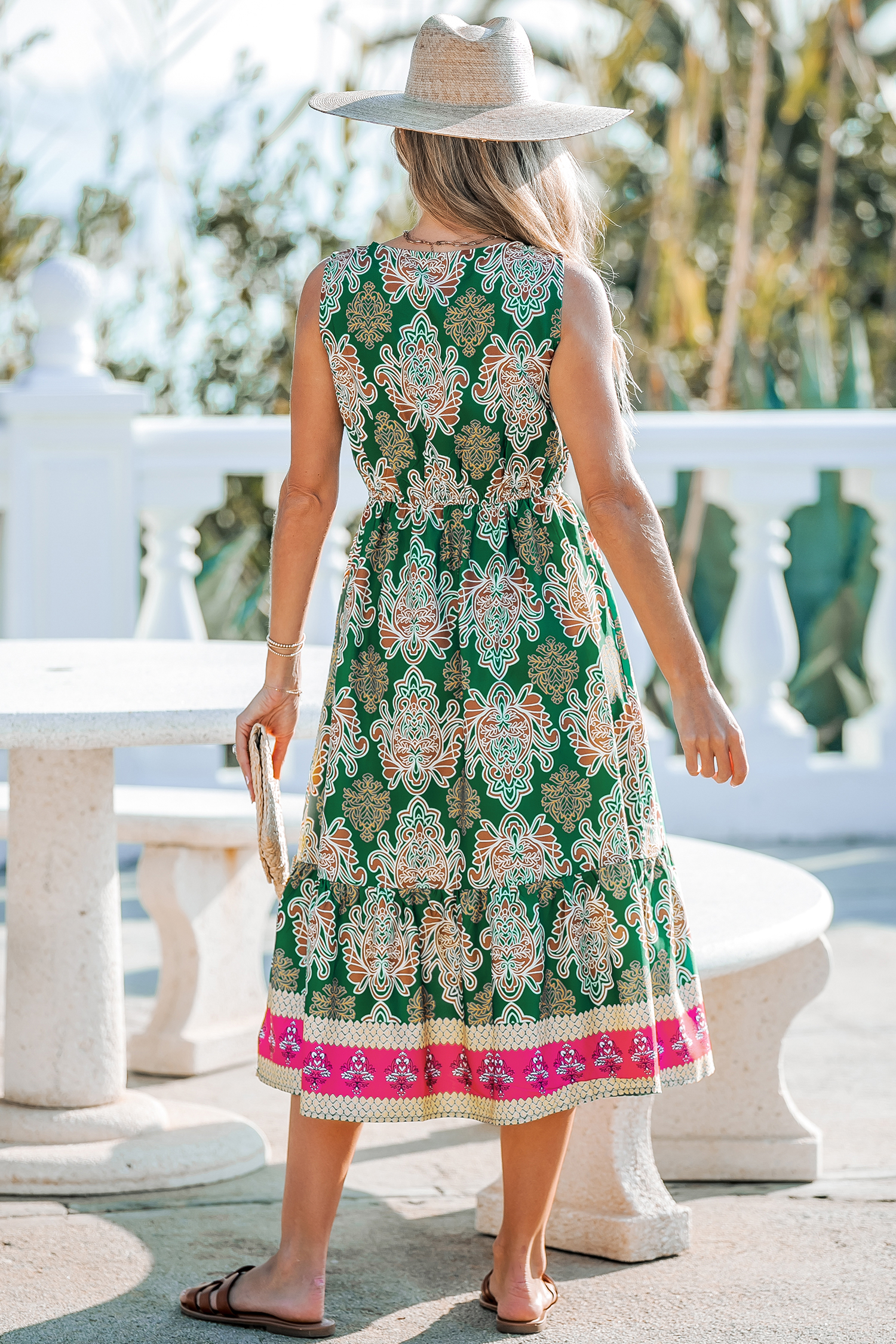 Robe maxi sans manches boho verte et rouge