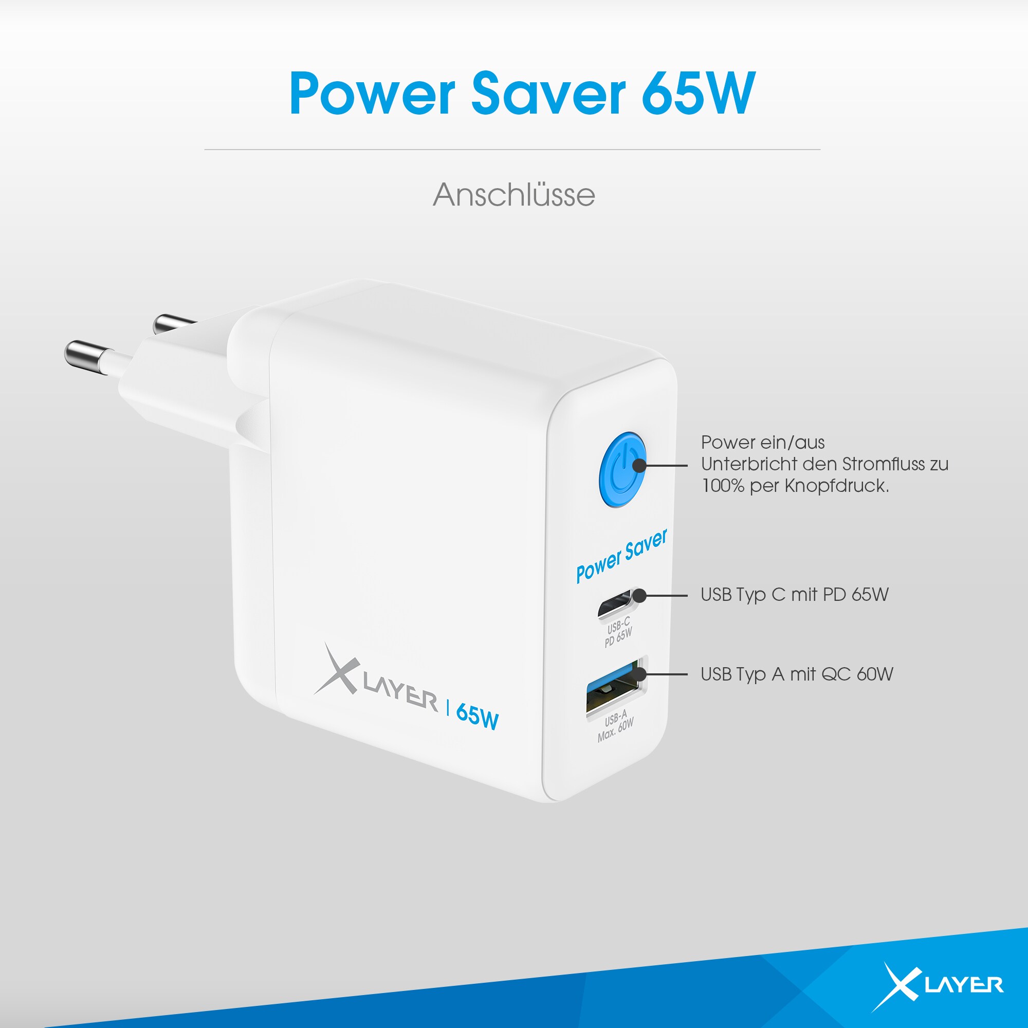 Xlayer Power Saver USB-C Schnellladegerät I 65W PD I Strom-Stopp-Funktion