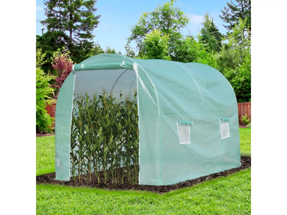 Serre de jardin tunnel surface sol 6 m² 3L x 2l x 2,10H m châssis tubulaire renforcé porte zippée 4 fenêtres enroulables vert