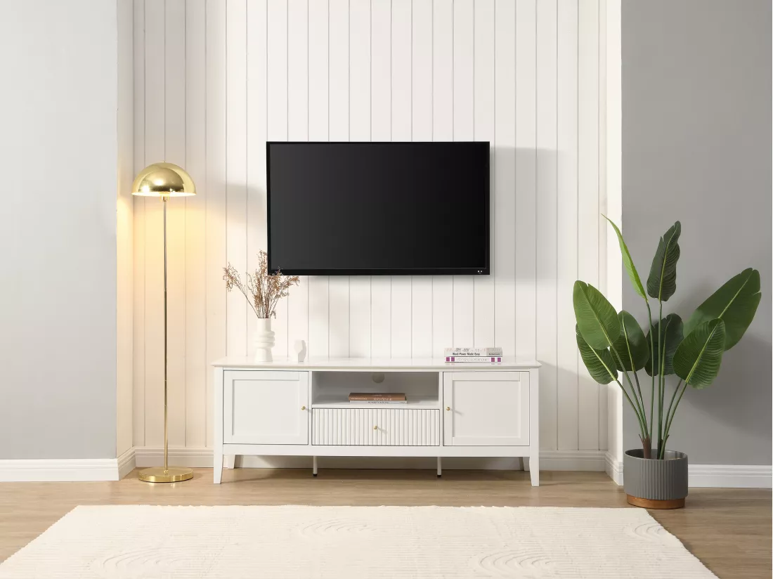 Meuble TV avec 2 portes, 1 tiroir et 1 niche en MDF - Blanc - NARIVA