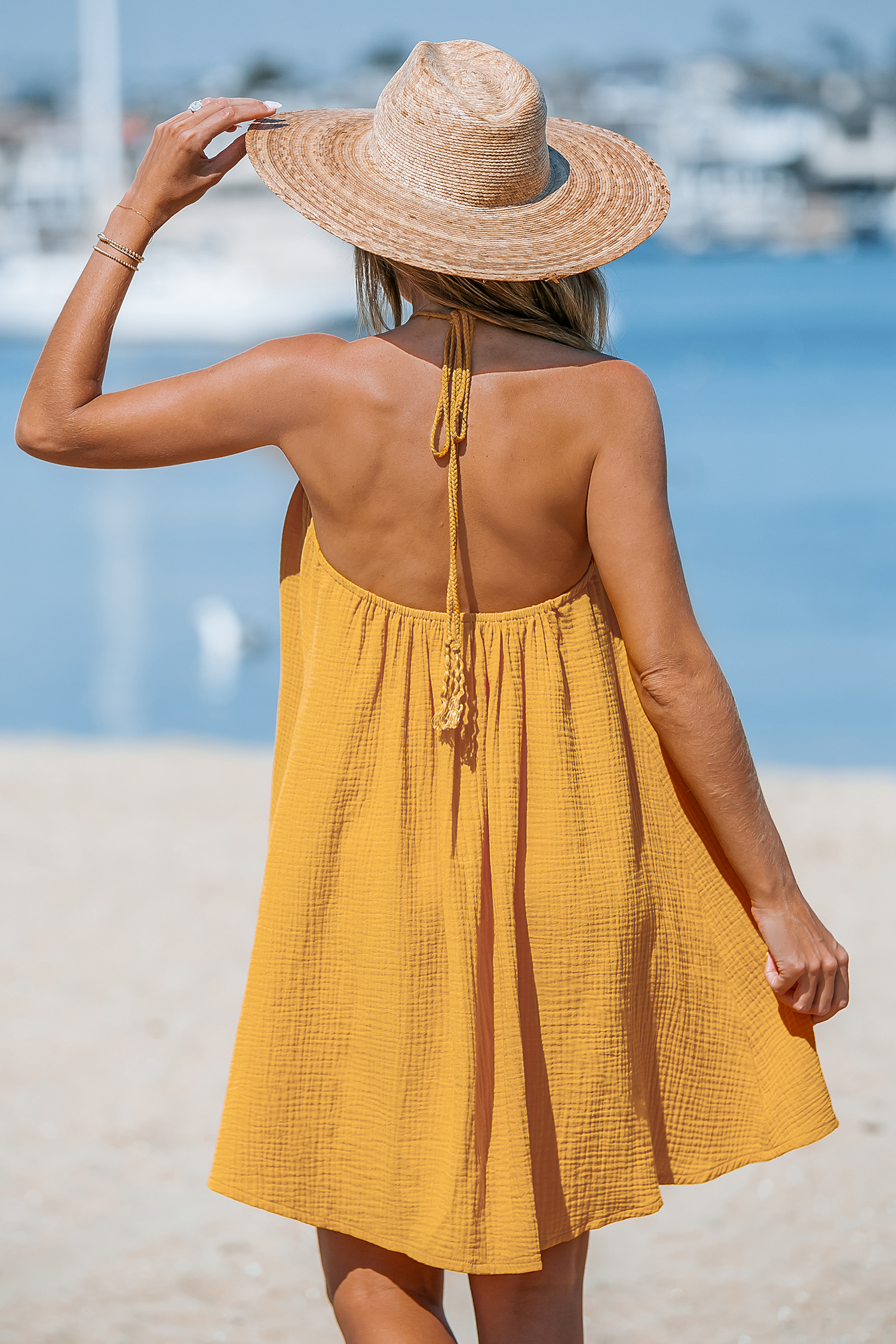 Robe mini en pur coton sans manches à col licou et joint torique