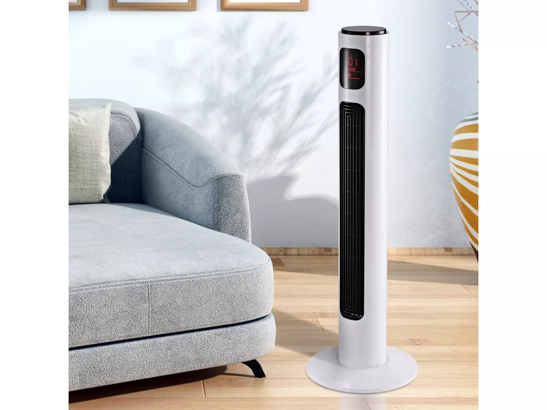 Ventilateur colonne tour programmable oscillant silencieux 45 W avec télécommande écran affichage minuterie 3 modes 3 vitesses 32L x 32l x 96H cm blanc noir