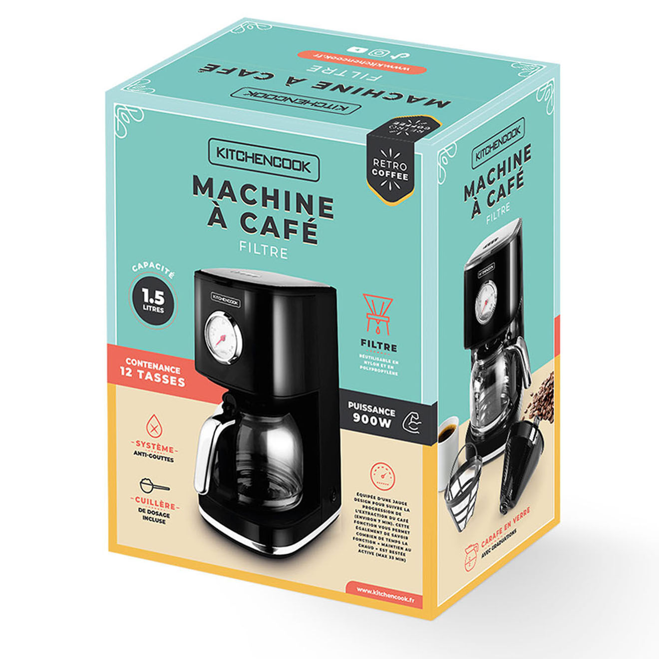 Kitchencook Cafetière Style rétro noire - 45.2x31.2x39.6 cm
