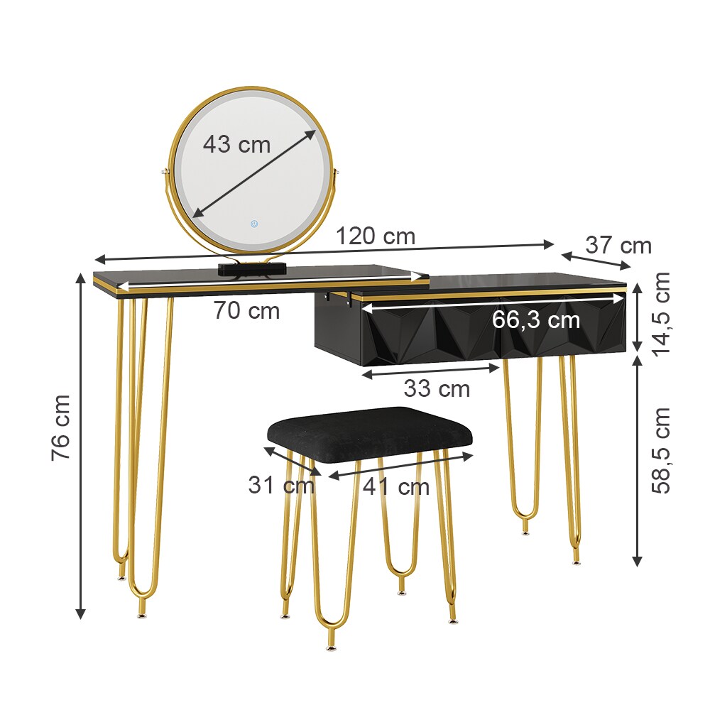 Vicco Schminktisch Bella 120x37cm, Schwarz, Frisiertisch mit LED-Spiegel & Hocker