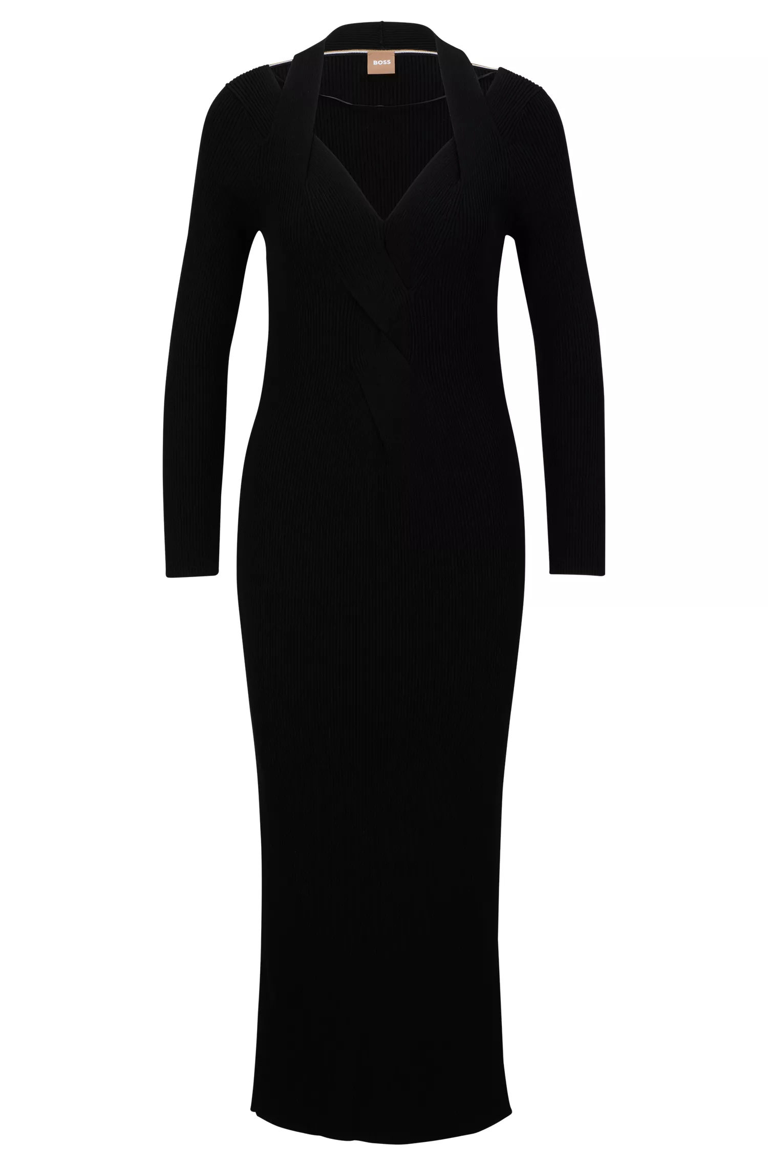 Vestido preto BOSS de manga comprida e corte justo com ombros vazados.