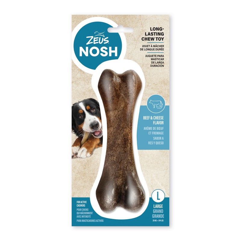 Brinquedo para mastigar Zeus Nosh Strong para cães, em formato de osso, com recheio de carne e queijo, 11 cm