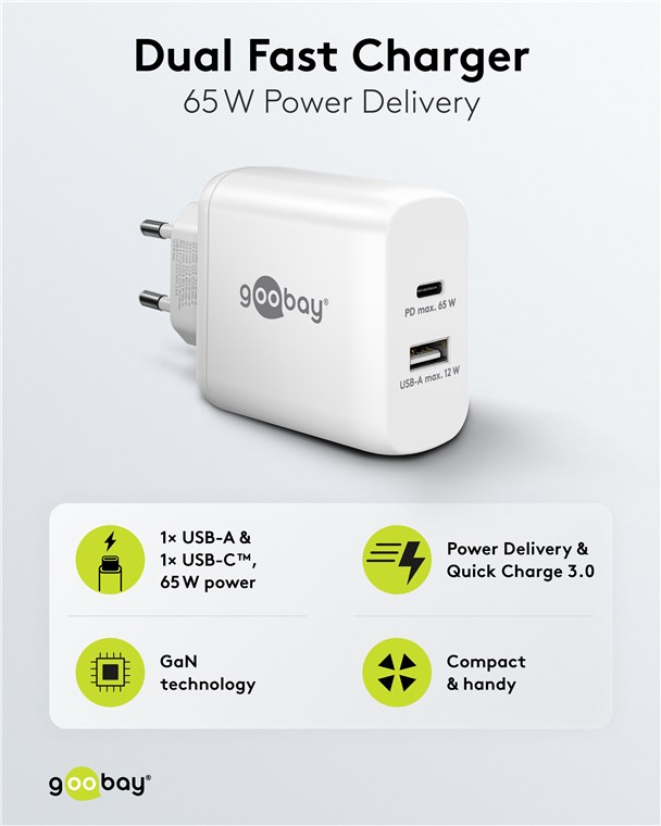 (65W/3A) USB A / USB C GaN Ladegerät Netzteil Power Delivery (65410) - Weiss