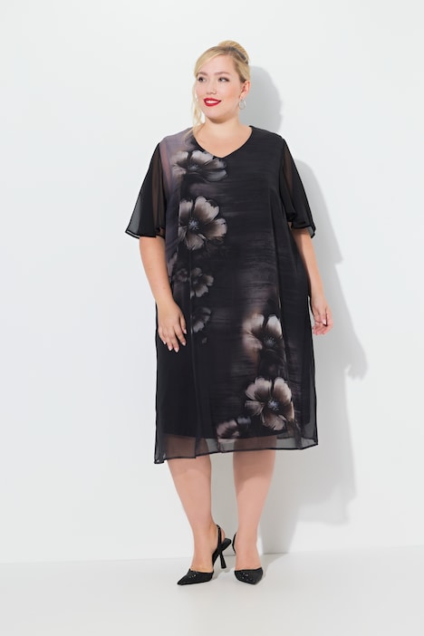 Kleid, Blüten, A-Linie, V-Ausschnitt, Cup-Halbarm