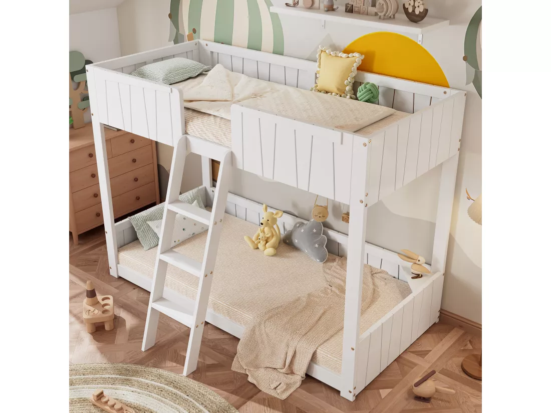 Lits superposés 2 x 90 x 200 cm avec échelle et barrières de sécurité - pin + MDF - blanc (sans matelas)