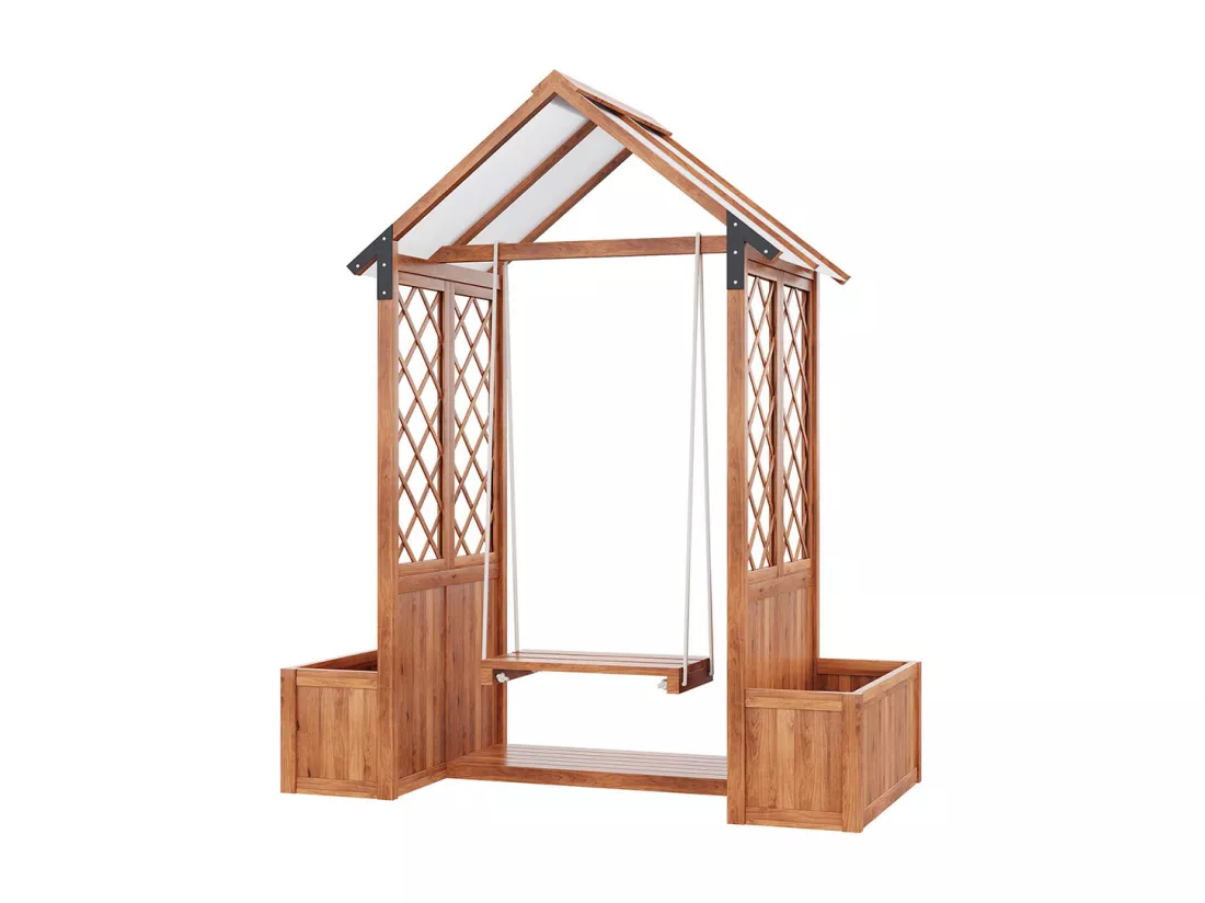 Bac à fleurs balançoire extérieur avec treillis et toit pare-soleil polycarbonate bois massif brun jardin terrasse