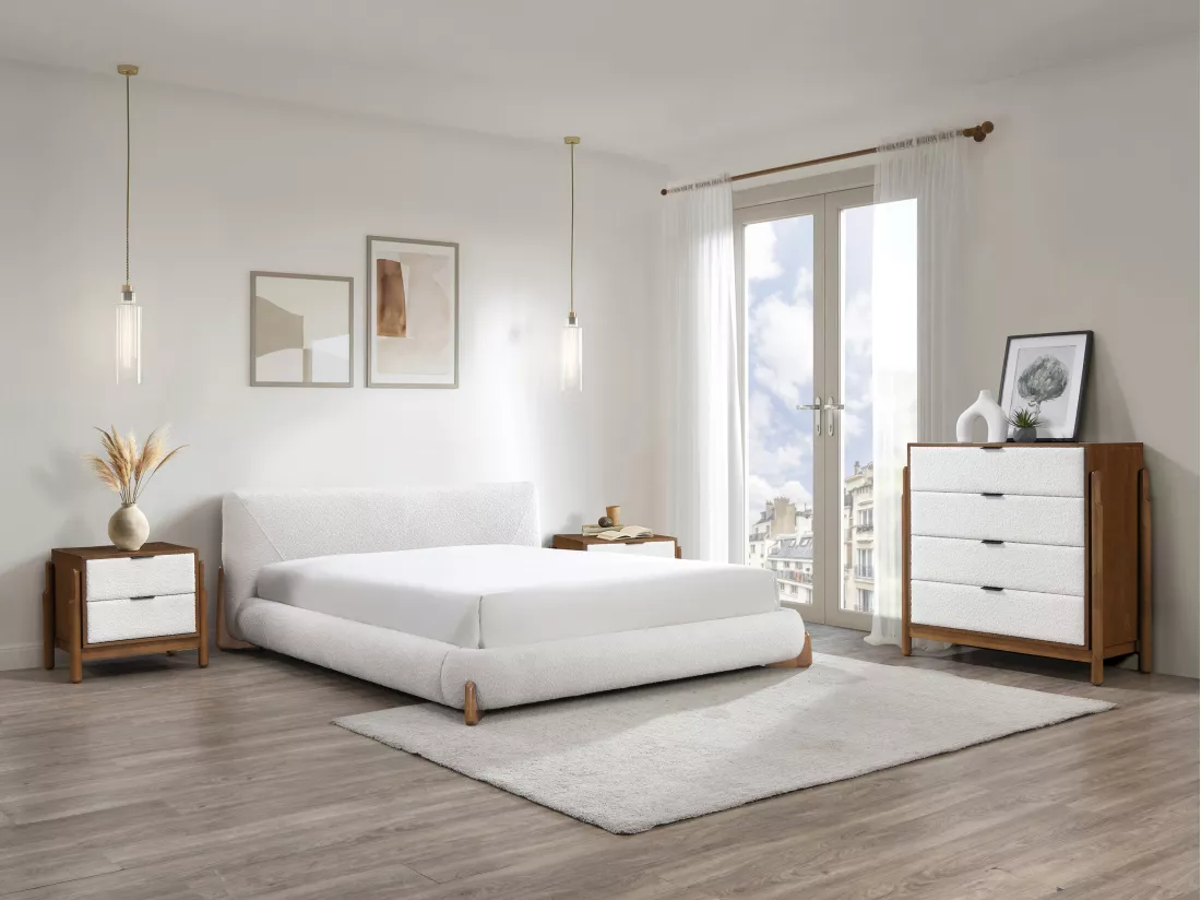Lit 160 x 200 cm - Tissu bouclette - Blanc et naturel - GAMURA