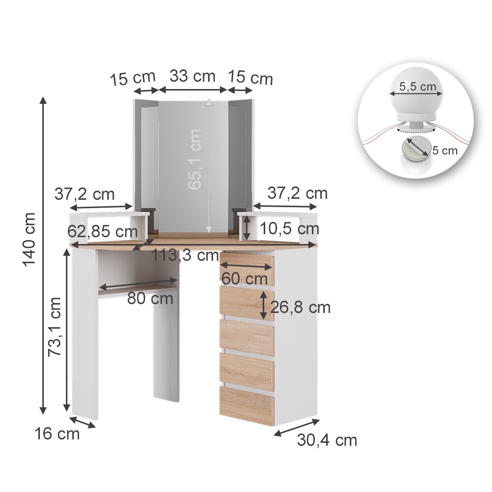 Vicco Eckschminktisch Frisiertisch Frisierkommode Tilda Weiß Sonoma Spiegel LED 110x140 cm modern Ablage