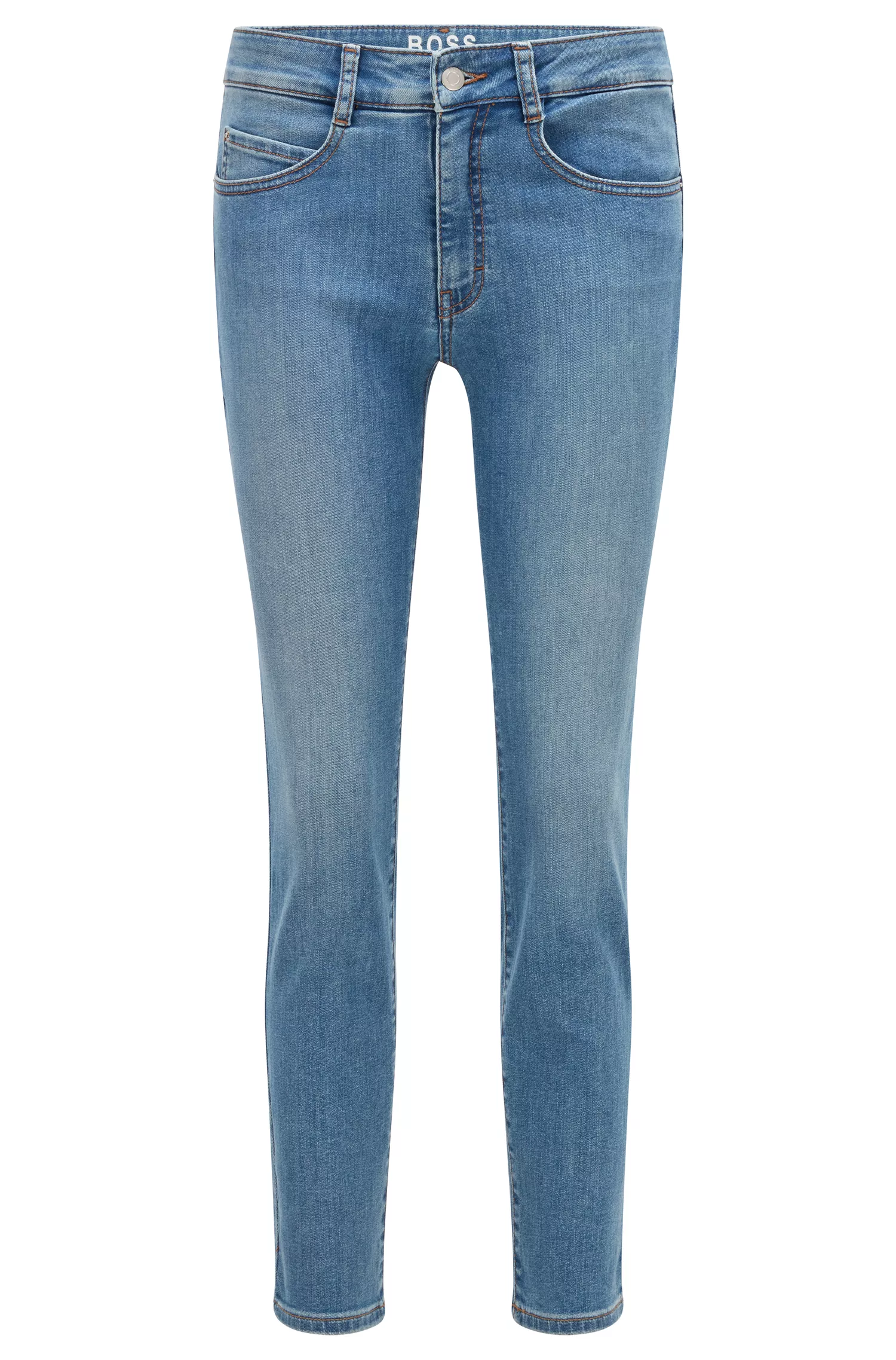 Calça jeans BOSS preta, corte slim, em denim superelástico azul vibrante.