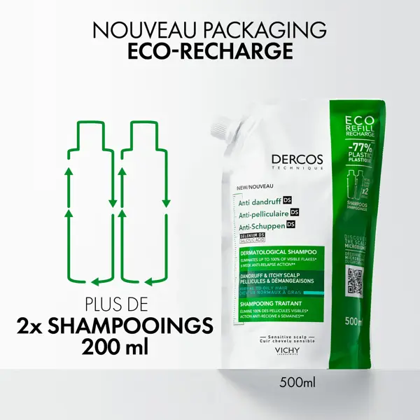 Vichy Dercos Shampooing Antipelliculaire DS Cheveux Gras 200ml + Écorecharge 500ml
