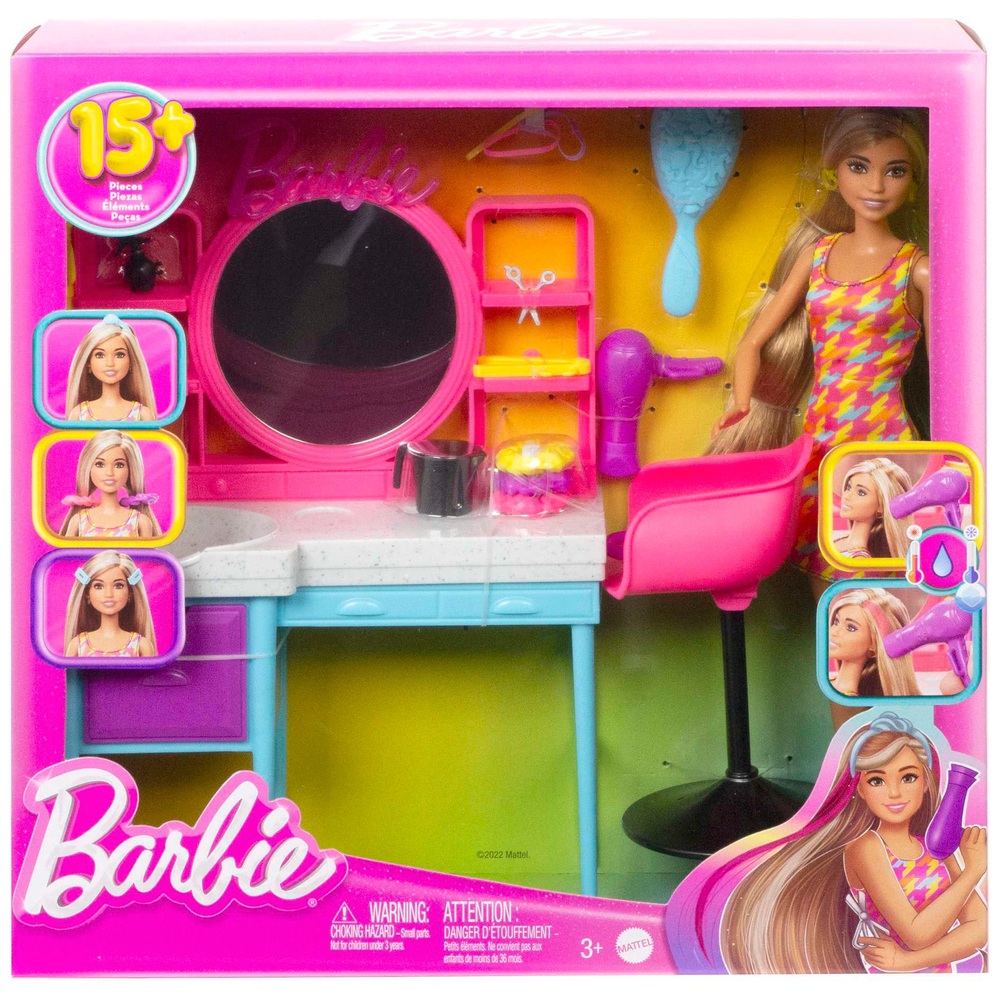 Barbie-Puppe und Friseursalon-Spielset mit farbwechselndem Haar