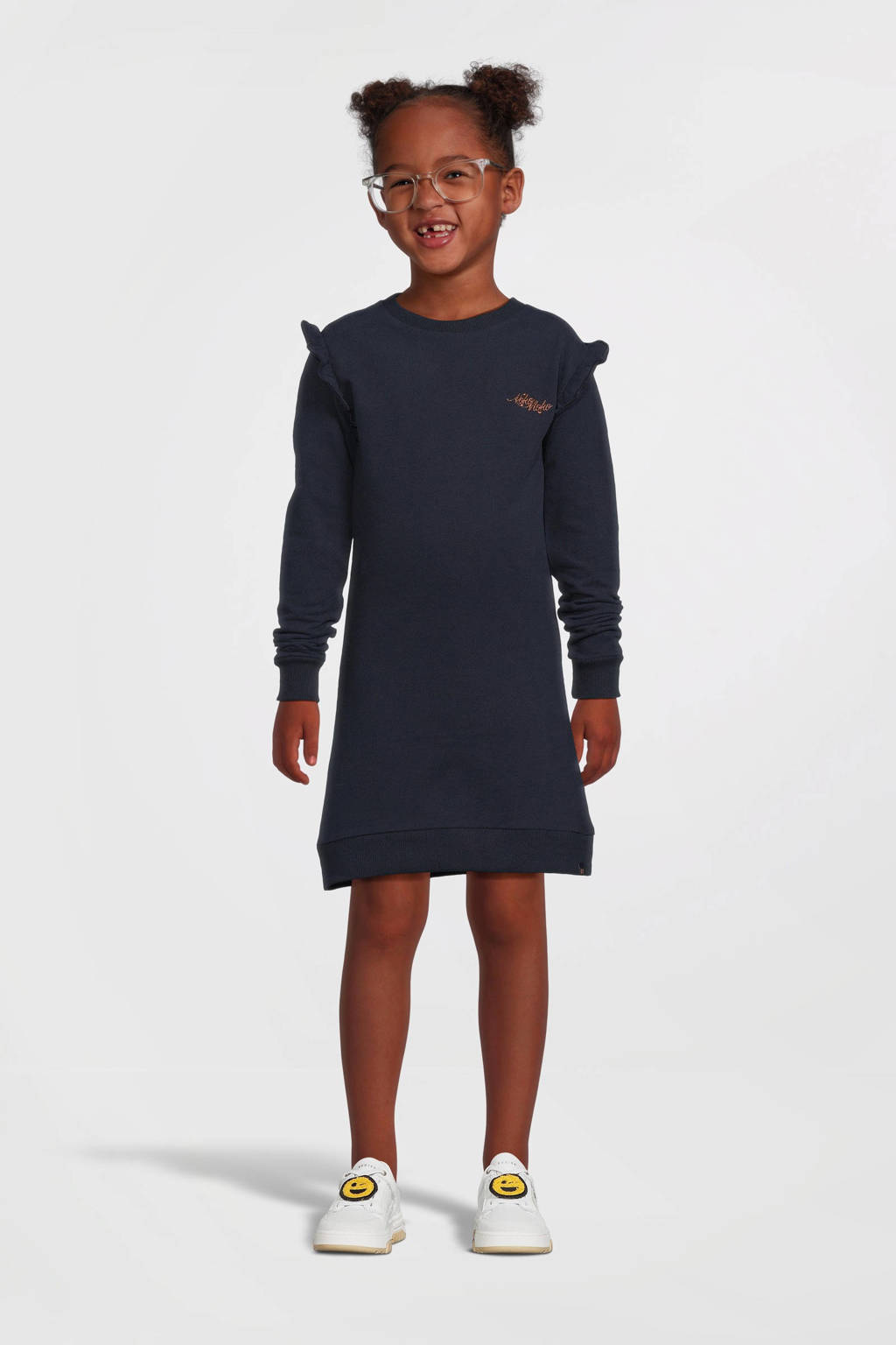 Koko Noko sweatjurk Nena met tekst en ruches donkerblauw