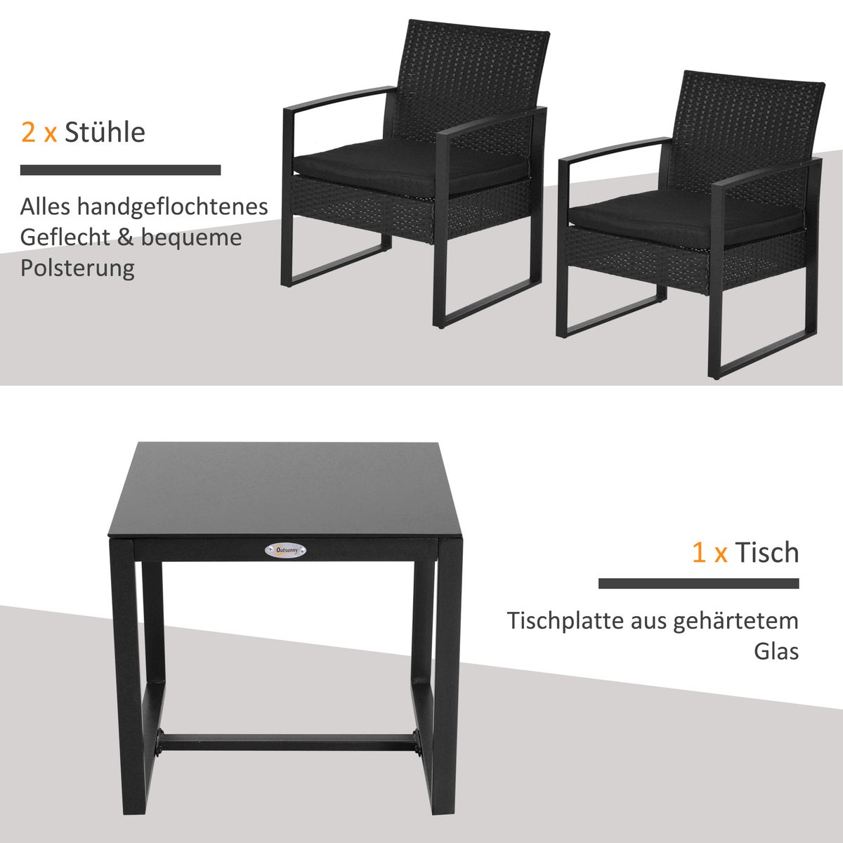 Outsunny 3-delige tuinmeubelset, 63L x 57B x 76H cm, PE polyrotan, metaal, polyester, zwart