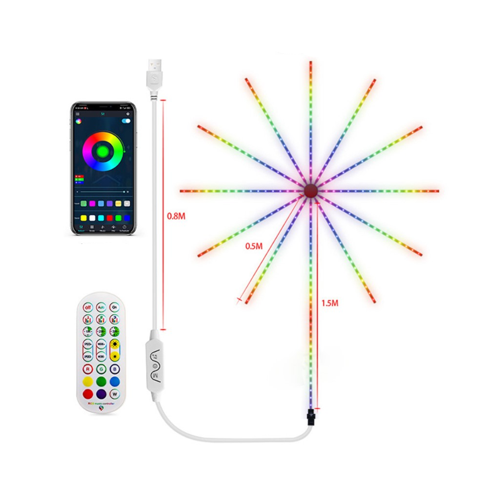 (100x150cm) LED Bluetooth Party Licht Streifen Feuerwerk USB Lichterkette mit Sound- und App Steuerung inkl. Fernbedienung - Bunt