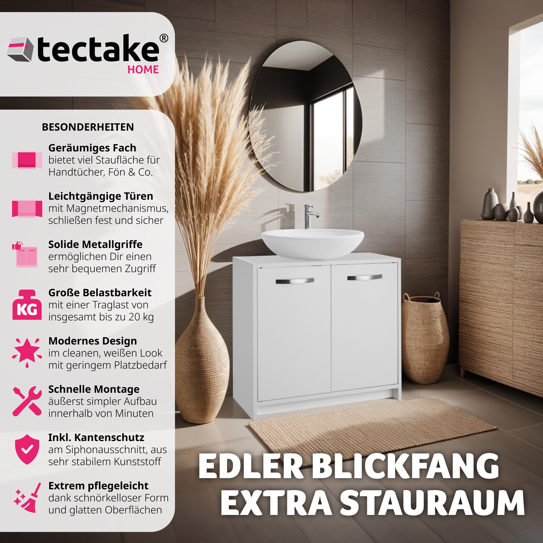 tectake® Waschbeckenunterschrank, großer Stauraum, 2 leichtgängige Flügeltüren, 63 x 31 x 55 cm