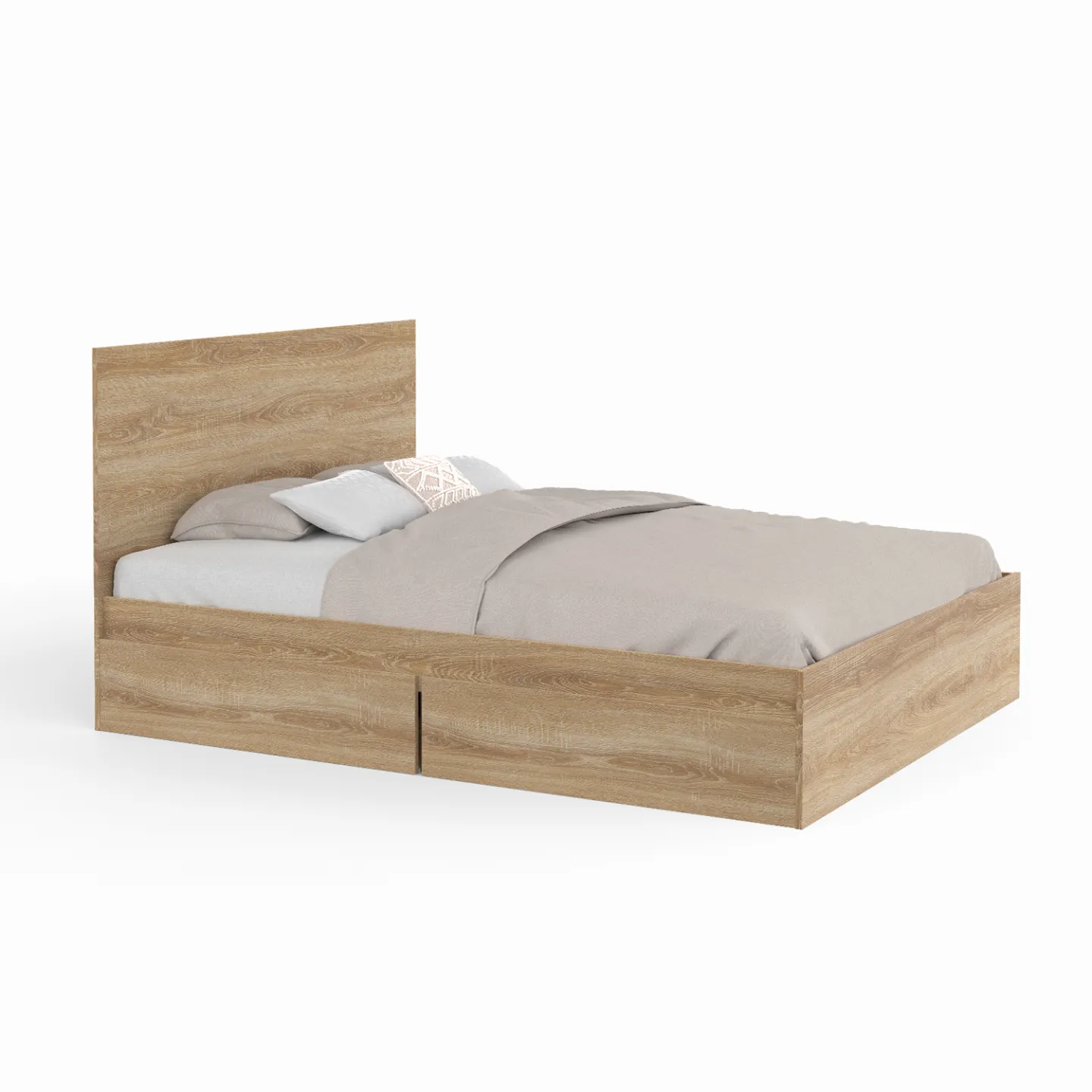 Lit double OMAHA 4 tiroirs sur roulettes avec tête de lit et sommier 140 x 190 cm façon hêtre