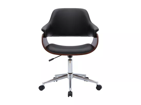 Chaise de bureau à roulettes design noir, bois foncé noyer et acier chromé HANSEN