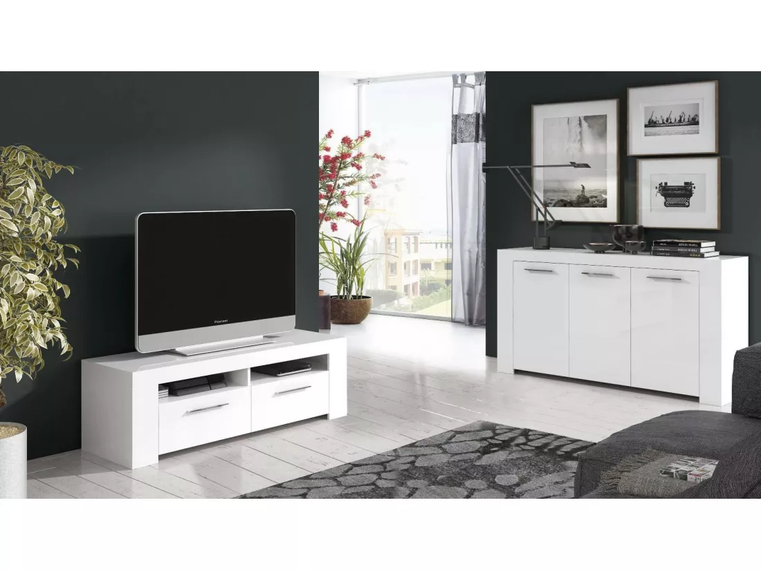 Buffet Dalbiera, Buffet de salon, Meuble TV, Buffet pour salon, Armoire moderne avec 3 portes, 144x42h80 cm, Blanc