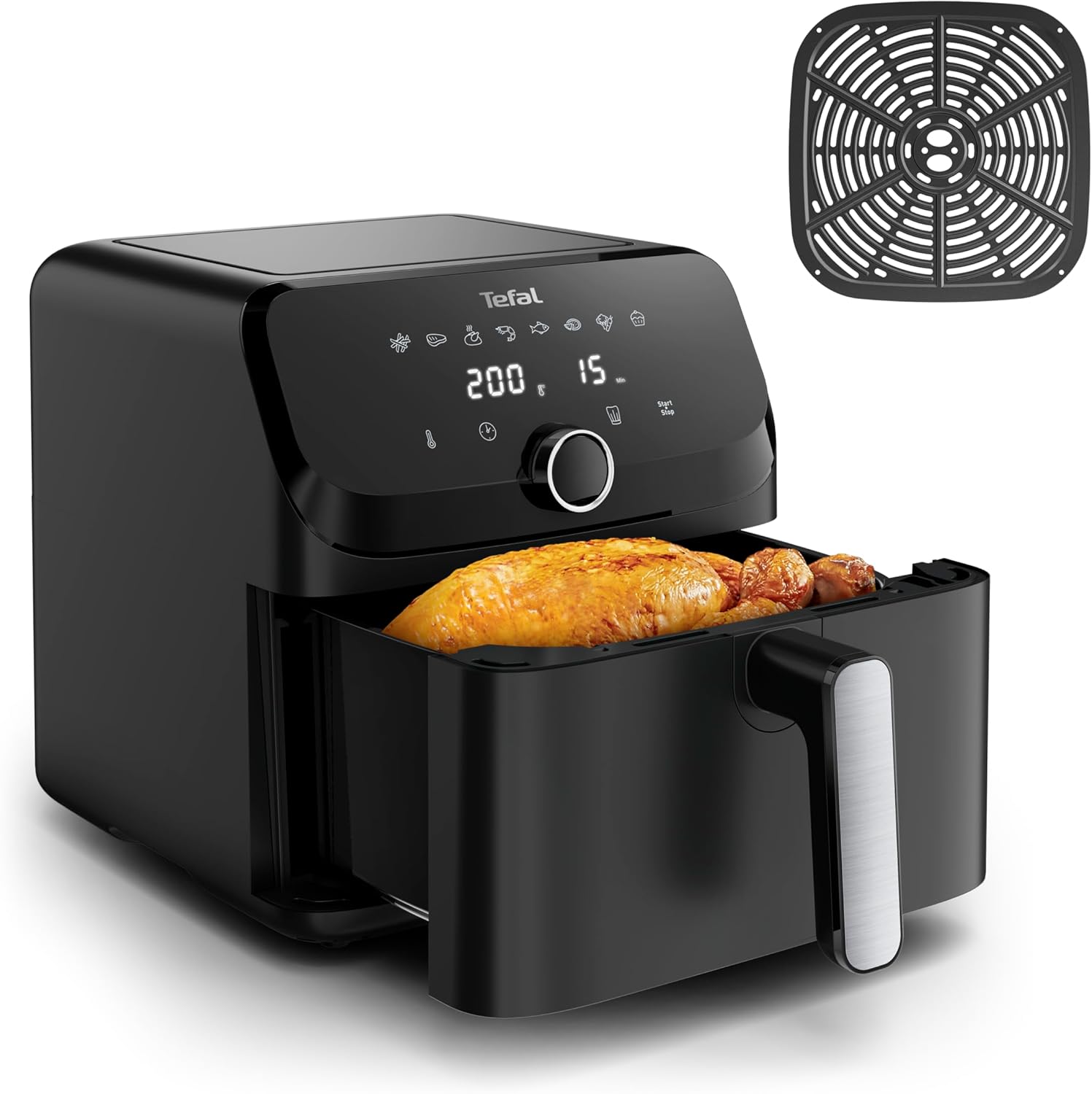 Tefal Easy Fry Mega Heißluftfritteuse, 7,5 Liter Fassungsvermögen, bis zu 8 Personen, 99% weniger Fett, 8 automatische Gareinstellungen, digitales Display, spülmaschinengeeignet, Schwarz, EY8558E0