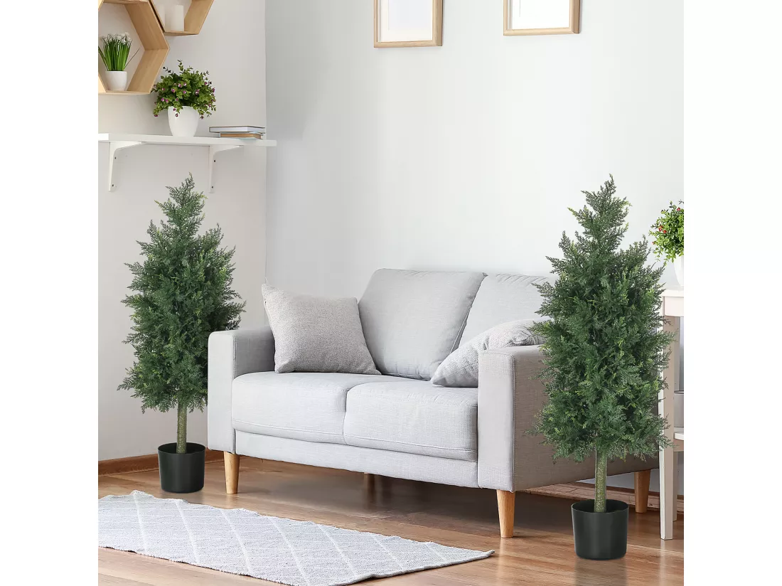 Lot de 2 plantes artificielles sapins cèdre H. 90 cm grand réalisme pot inclus