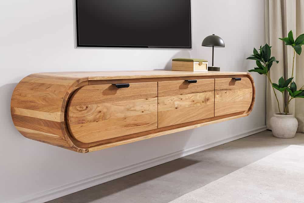 Hängendes TV-Board ORGANIC 160cm natur Akazienholz massiv handmade mit Schubladen